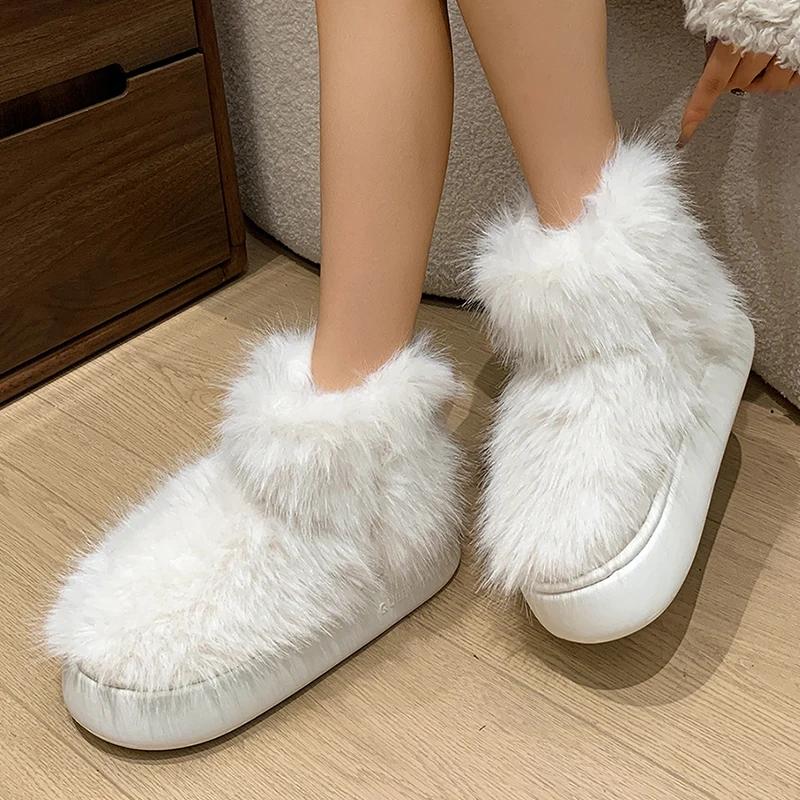 Fashion Fashion White Thick Plush Snow Boots Women Platform Fluffy Faux Fur Winter Boots Woman Comfort Slip On Warm Cotton Padded Shoes