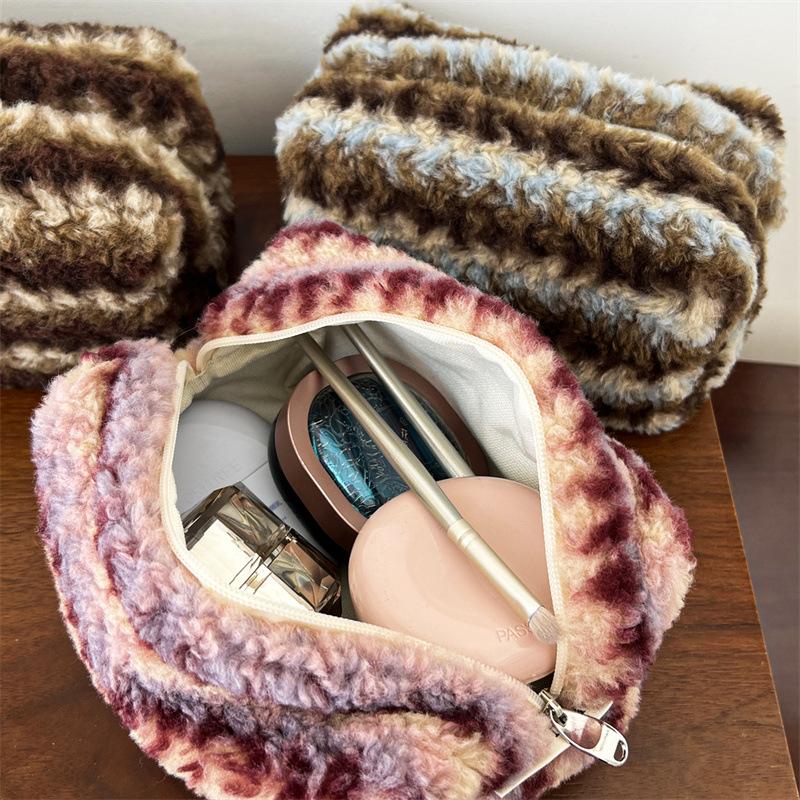 Vintage Plush Striped Makeup Bag Set Retro Fashion Travel Cosmetic Case for Girls Large Capacity Cosmetics Organizer