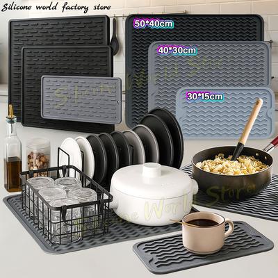 SW 1PC Wave Groove Drain Silicone Pad Multi Functional Draining Mat Kitchen Tableware Anti Slip Drying Mat Heat Insulation Pad