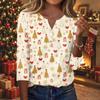 Women's Casual Christmas Print V-Neck Button Three-Quarter Sleeve T-Shirt