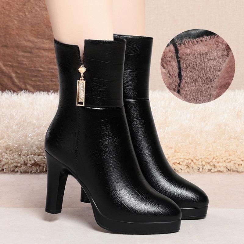 

7cm 9cm Comfortable Elegant Women s Shoes Soft Leather Boots Autumn Winter 2026 Block High Heel Fur Mid Boots for Office Daily 40