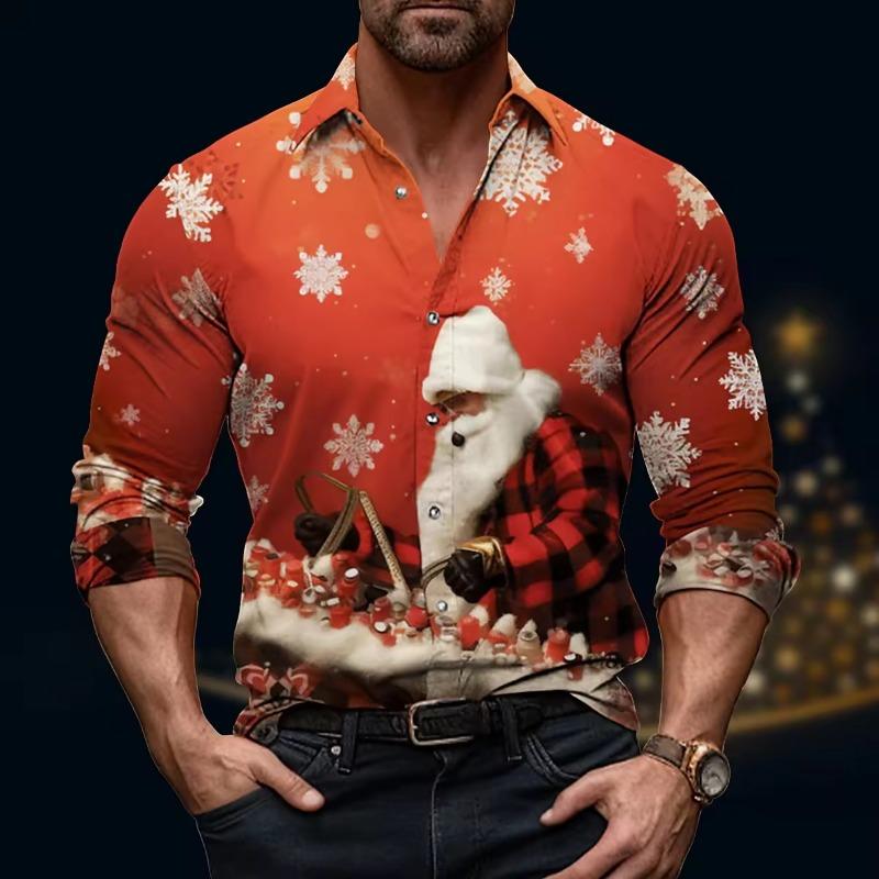 Christmas Themed Men s 3D Printed Santa Claus Snowflake Pattern Lapel Long Sleeve Shirt Casual Business Long Sleeve Shirt S