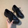 Cowhide Version~ British Style Lace-up Thick Heel Small Leather Shoes Women's Versatile Leather Silent Tire Sole Round Head Commuter Shoes