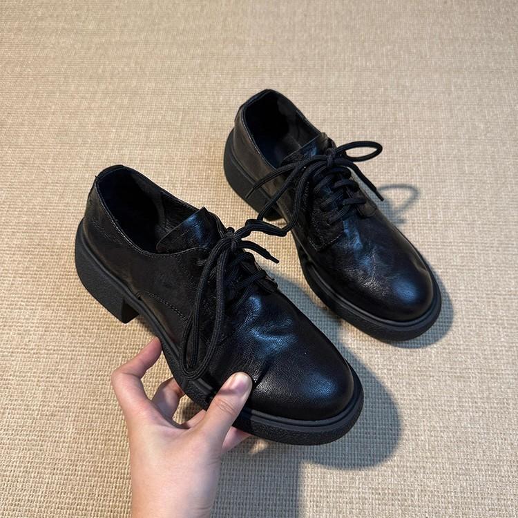 Cowhide Version~ British Style Lace-up Thick Heel Small Leather Shoes Women's Versatile Leather Silent Tire Sole Round Head Commuter Shoes