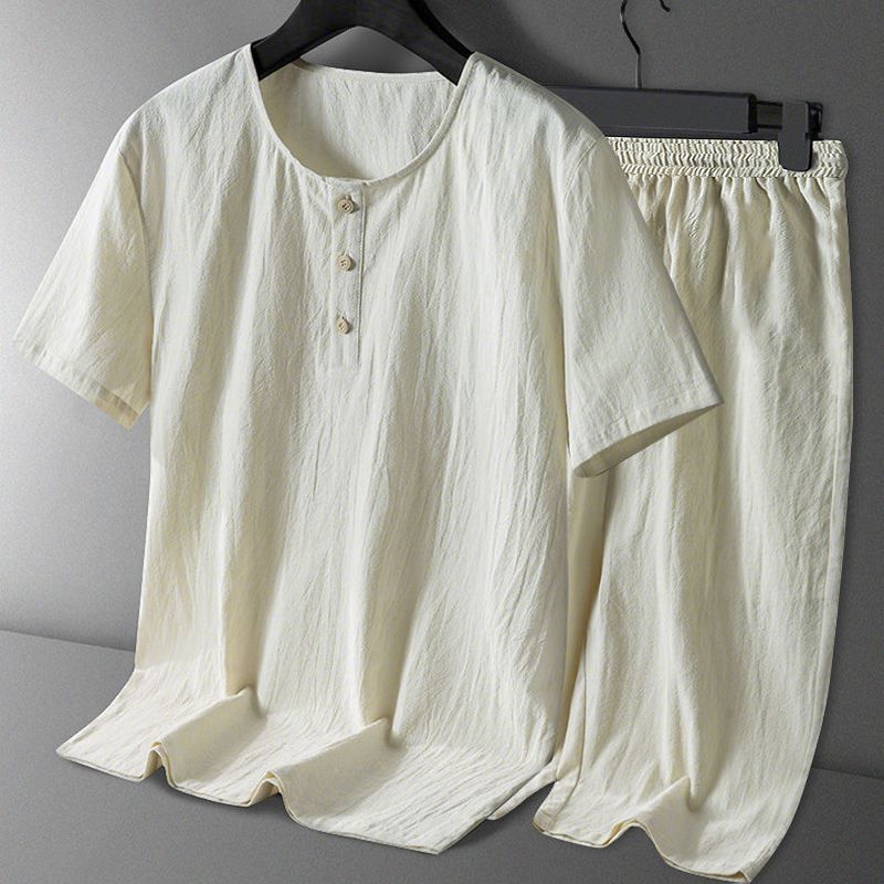 Casual Sports Two-Piece Suit In Linen with Button Detail and Elastic Waistband