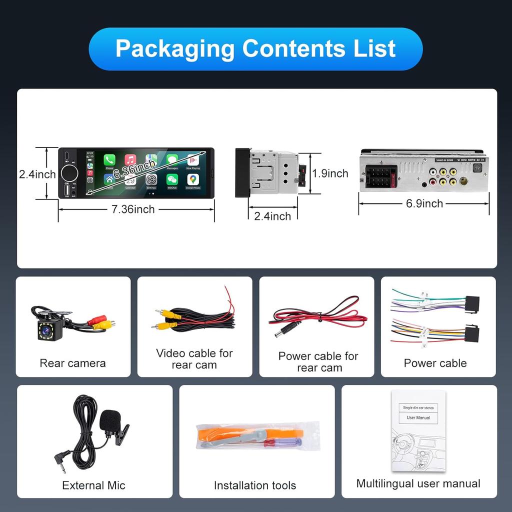 Single Din Car Stereo with Apple CarPlay & Android Auto, 6.36 Inch HD Touch CarPlay Screen, Backup Cam,Bluetooth, USB Type-C, SWC, EQ, FM Radio (with