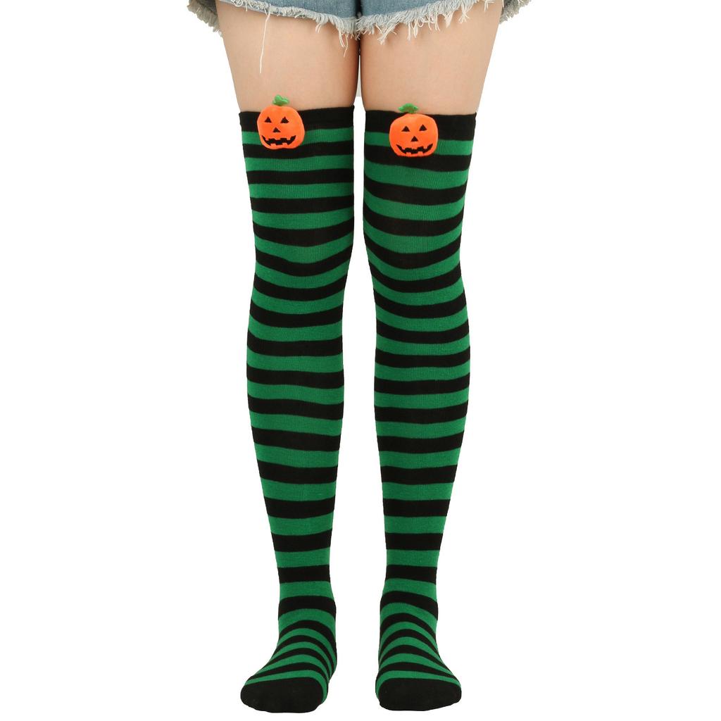 Women Cute 3D Evil Pumpkin Striped Over Knee Long Socks Thigh High Stockings for Halloween Cosplay Party Costume Hosiery