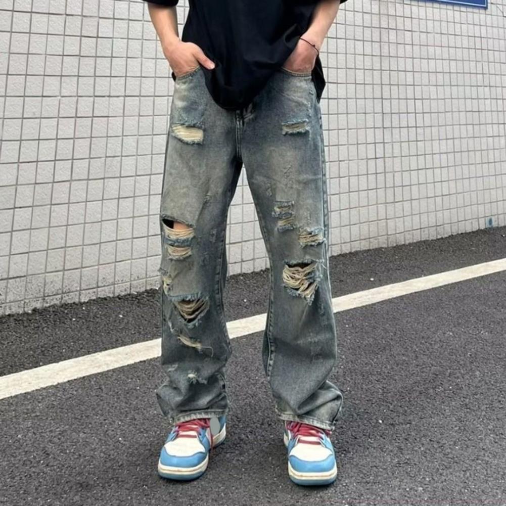 Men Jeans Ripped Hole Washed Wide Leg Straight Distressed Loose Hip Hop Streetwear Casual Multi Pockets Full Length Men Long Pan