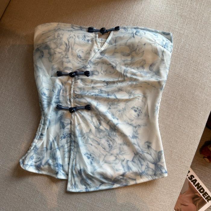 Trendy new printed tube top slim top women's splicing summer one-word shoulder t-shirt retro new Chinese buckle design
