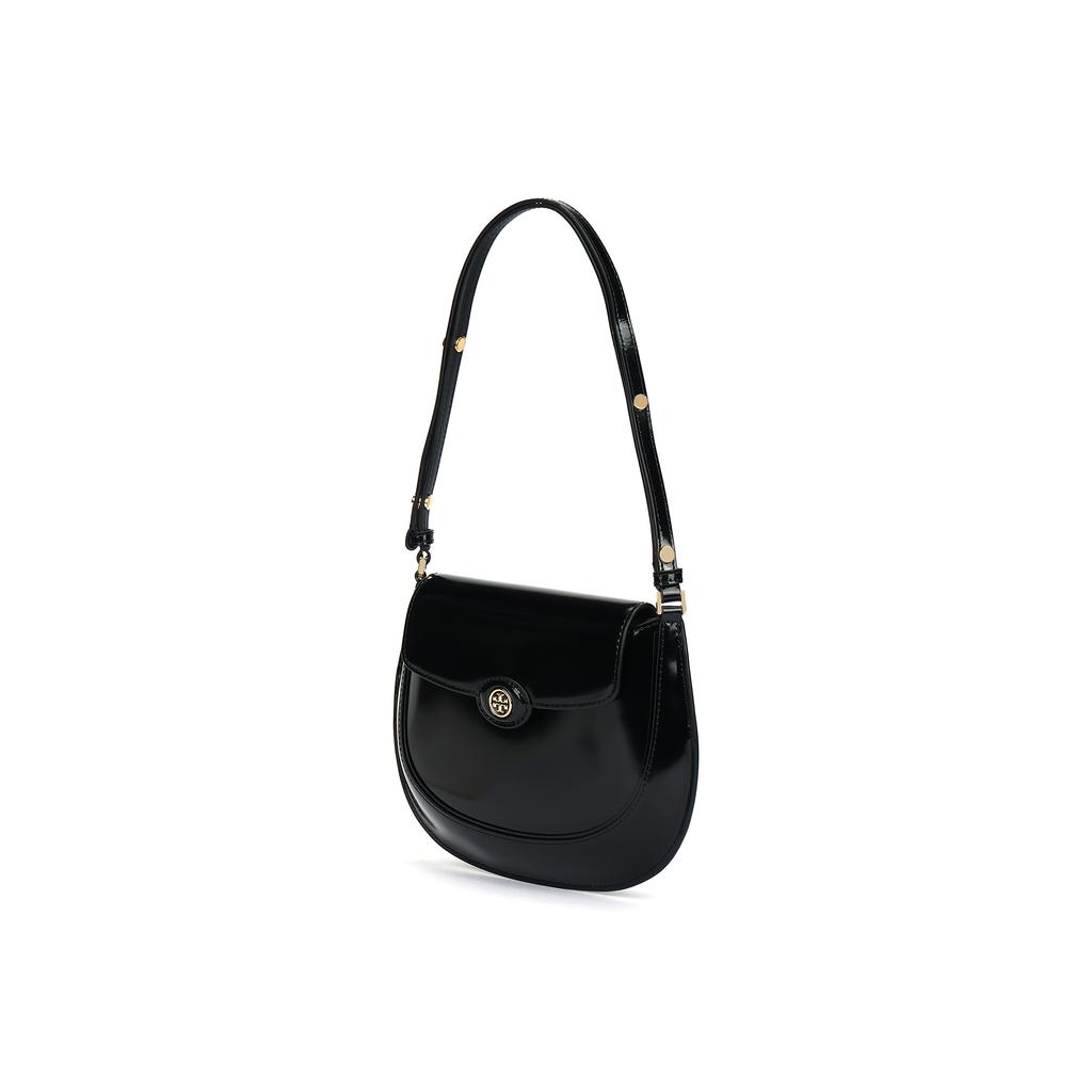 Tory Burch Robinson Spazzolato Adjustable Shoulder Strap Gold Metal Accents Leather Shoulder Bag Small Women Shoulder Bag Black 163367-001