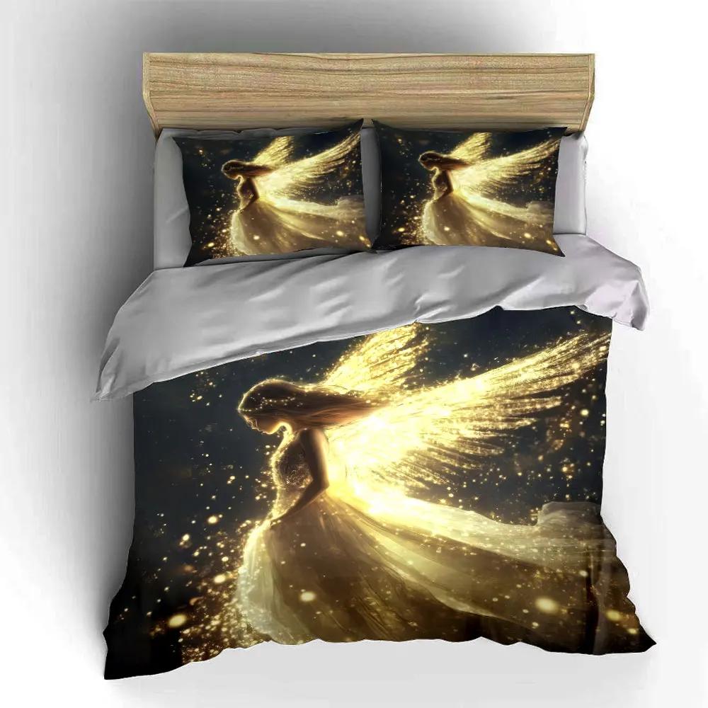 Golden Fairy Theme Decor Set Bedding Set with 1 Duvet Cover 2 Pillowcases Single Double King Queen Gift