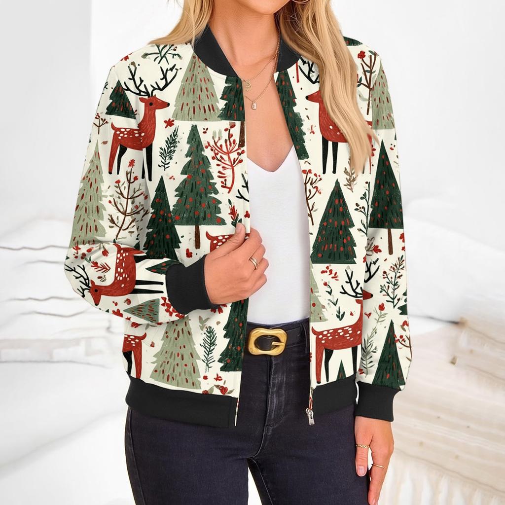 Women's Christmas Print Zip-Up Jacket Long Sleeve Crewneck Casual Holiday Outerwear