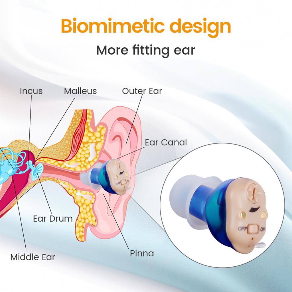Red and blue magnetic charging case in-ear digital hearing aid with noise reduction