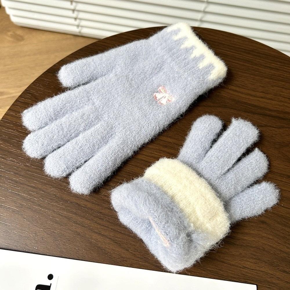 Plush Warm Full Finger Gloves Bow Embroidered Winter Knitted Gloves  Cold Weather Activities