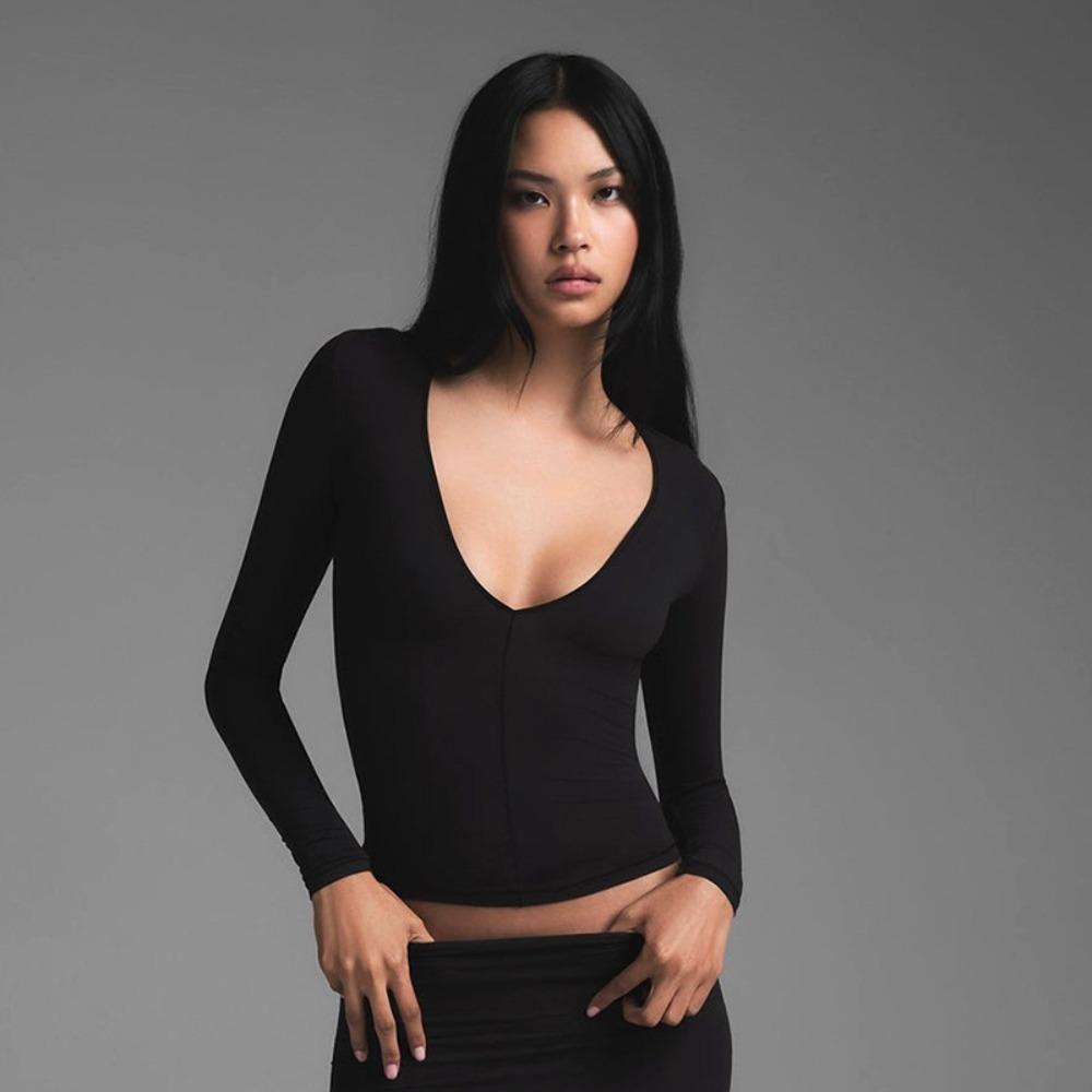 Women s Deep V Neck Long Sleeve Crop Top Slim Solid Milk Silk Stretchy Basic Tee S чёрный