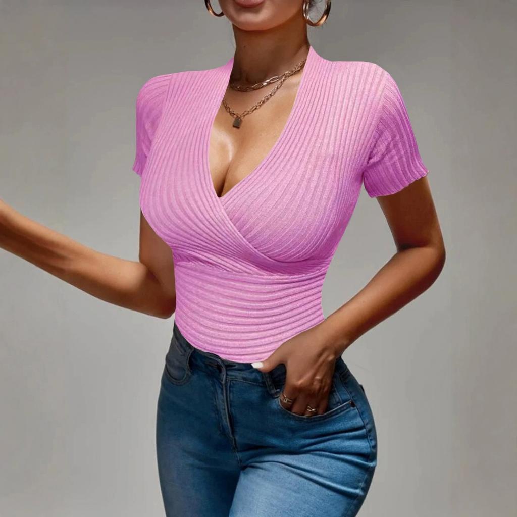 Women's Fitted V-Neck Ribbed Knit Top for Casual Everyday Wear
