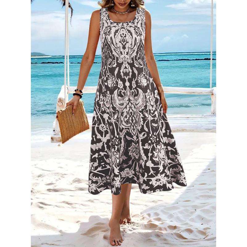 Europe and America summer hot selling Bohemian printed fashion elegant square neckline sleeveless long dress