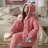 Coral Fleece Pajamas Women'S Winter Warm Thickened Fleece Three-Layer Padded Jacket With Hat Flannel Loungewear Set