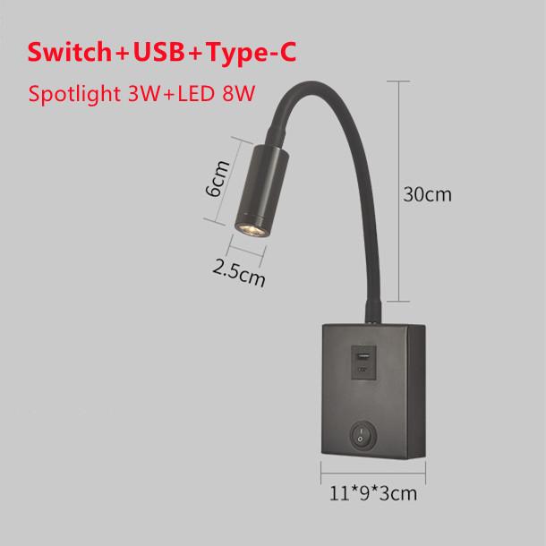 Modern LED Bedside Wall Lamp Bedroom Type-C Lamp Telescopic Hotel Reading Lamp Indoor USB Adjustable Angle Wall Light
