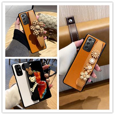 Fashion Plush Wristband Leather Phone Case For Samsung Galaxy Z Fold 2 3 W21 5g Z Fold 4 Cover Cute Bee Stand Holder Protective