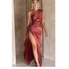 Split Satin Dress2025 Fashion Summer Elegant Sexy Silm Diagonal Shoulder Split Satin Dress