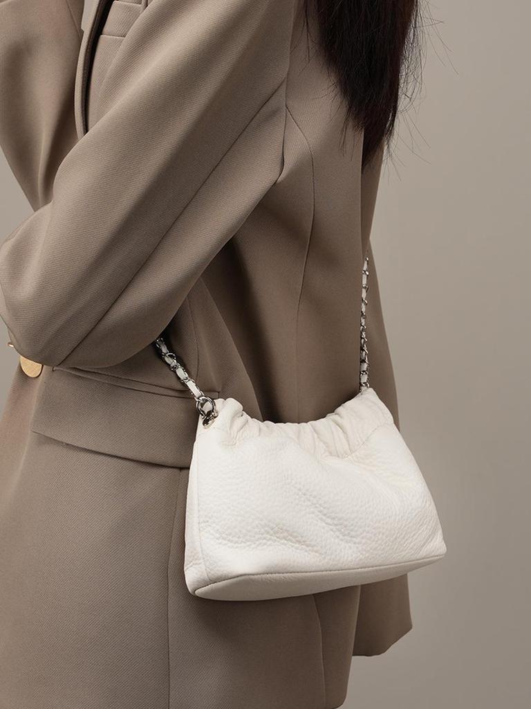 2024 Women's Cloud Pleated Leather Shoulder Bag with Gold Ball Chain