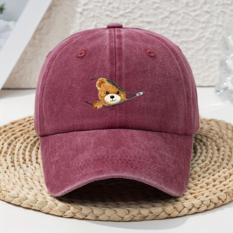 

Cartoon zipper bear print baseball cap, versatile for spring and summer, retro soft top, distressed, washed dad hat бордовий