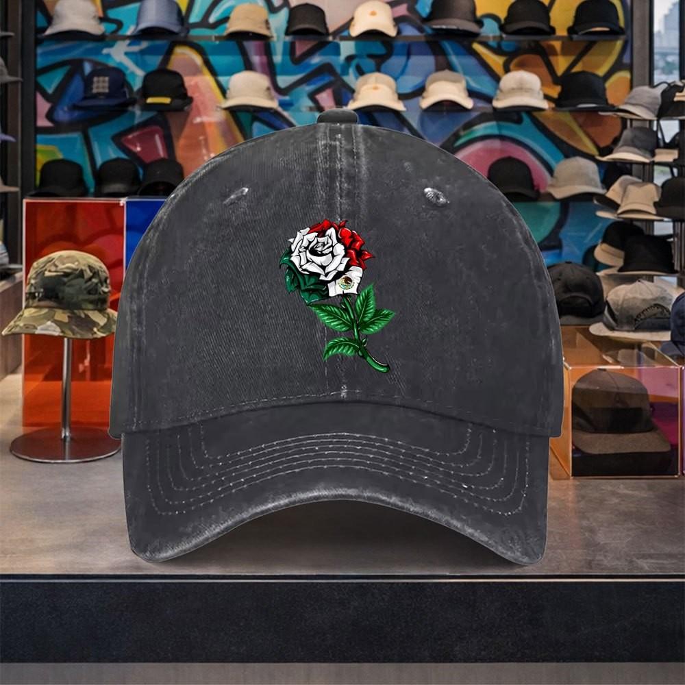 Mexican Flag Rose Washed Baseball Cap Cotton Adjustable Retro Streetwear Hat for Unisex
