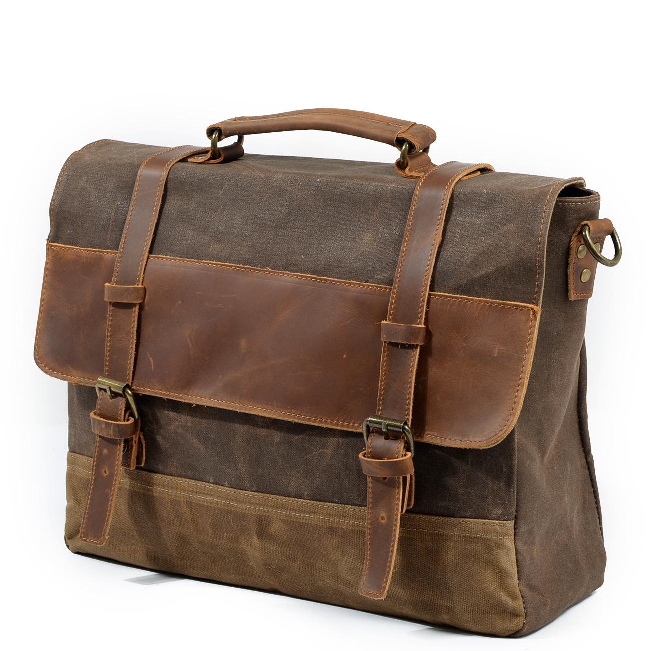 New Waterproof Oil Wax Canvas with Leather Briefcase, European and American Men s Bag, Vintage Business Bag, Shoulder and Crossb