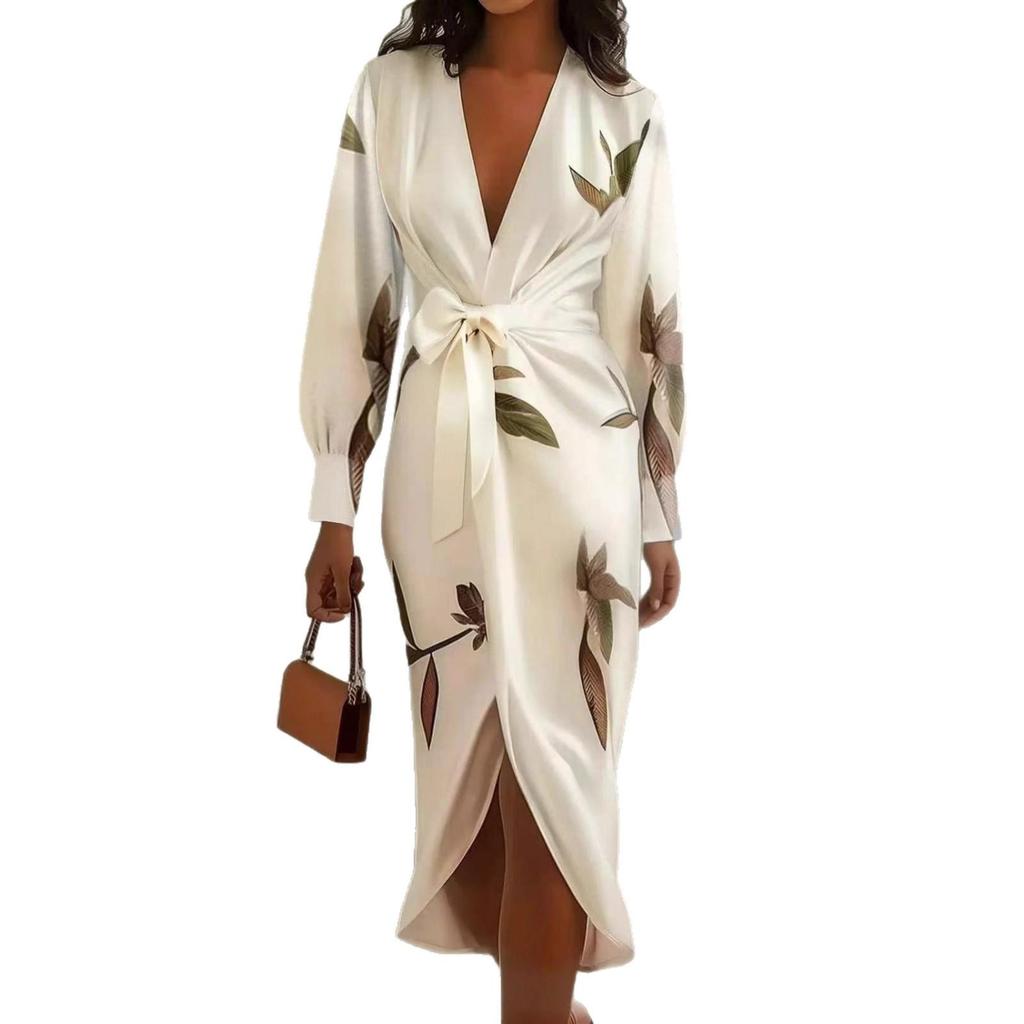 2025 European & American Women's V-neck Long Sleeve Lace-up Print Long Dress