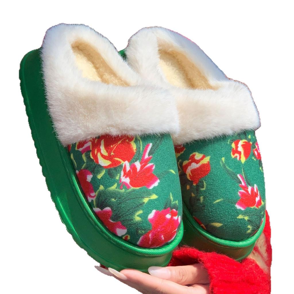 Northeast Big Flower Padded Jacket Wind Warm Cotton Slippers Winter Velvet Warm Non-slip Thick Bottom Home Indoor Plush Cotton Shoes