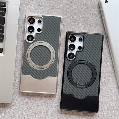 Magnetic Push-Pull 360 ° Rotate Bracket Metal Phone Case For Samsung Galaxy S23 S24 S25 Ultra Magsafe Carbon Fiber Texture Cover