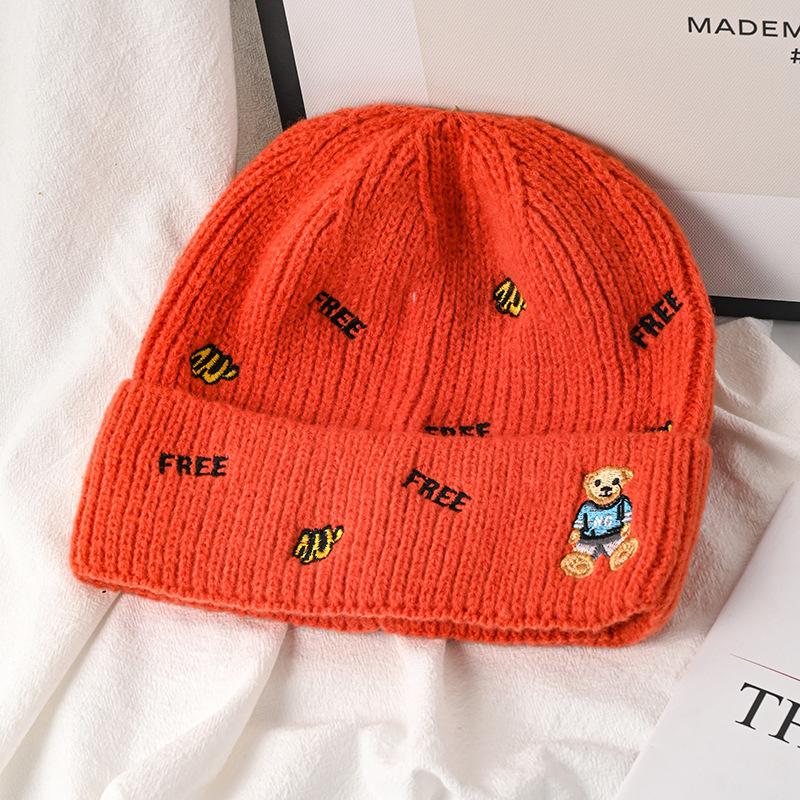 Hat Female Autumn and Winter Wool Hat Versatile Embroidered Letter Knitted Outdoor Riding Warm Cute Bear Pullover Hat