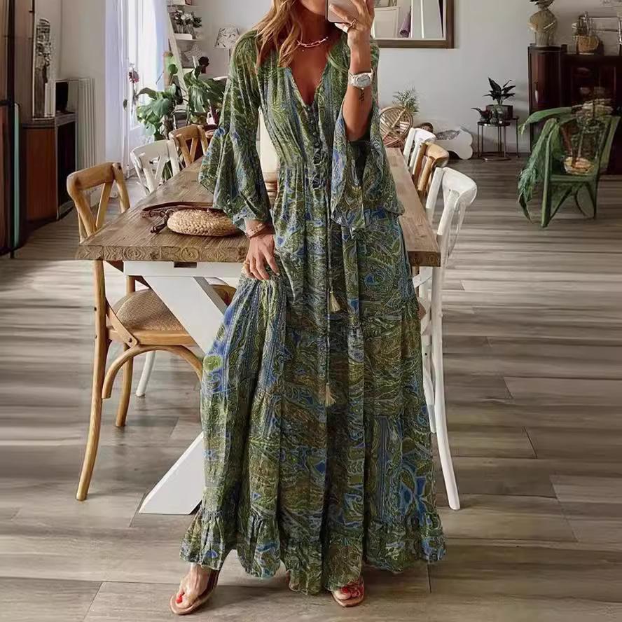 New Bohemian Flare Sleeves Printed V-Neck High Waist Holiday Dress Fragmented Flower Women's Maxi Dress
