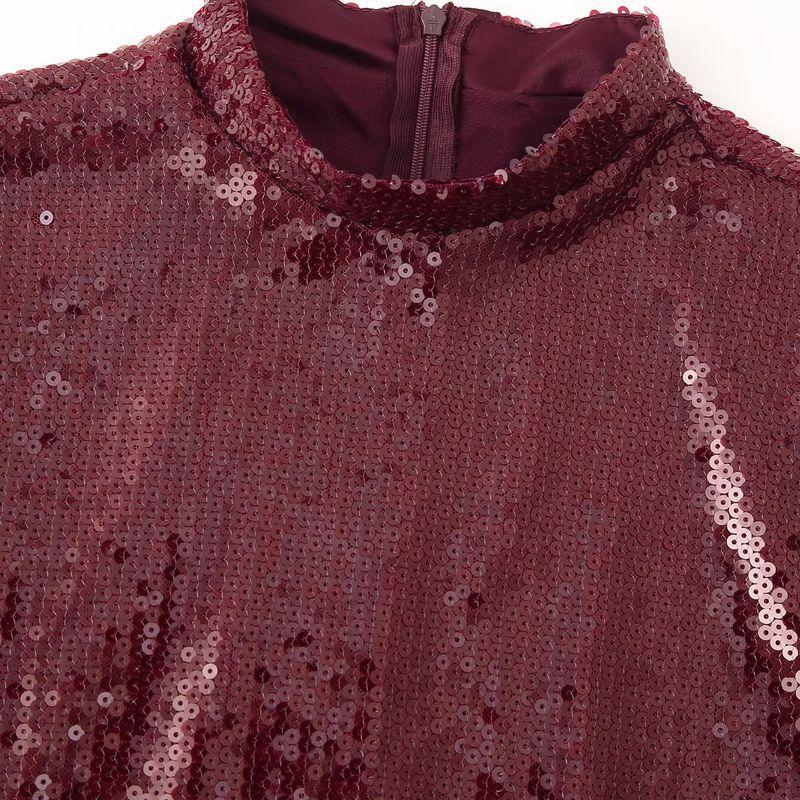 Kaslead New Women Clothes Western Style Fashion Simple Round Neck Sequins Patchwork Big Hemline Dress