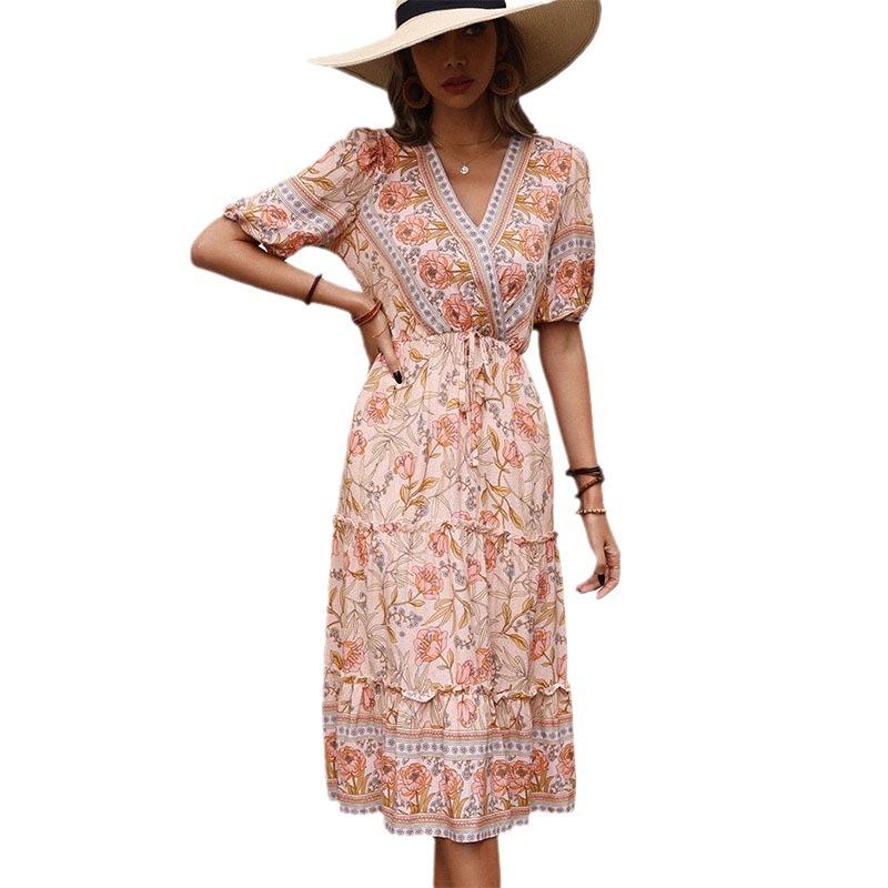 Pastoral pink fungus edge print v-neck medium and long dress women
