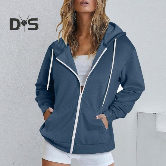 Autumn Spring Women Coat Hooded Drawstring Long Sleeves Pockets Zip-up Elastic Cuff Hem Loose Sport Hoodie Casual Daily Wear Jacket