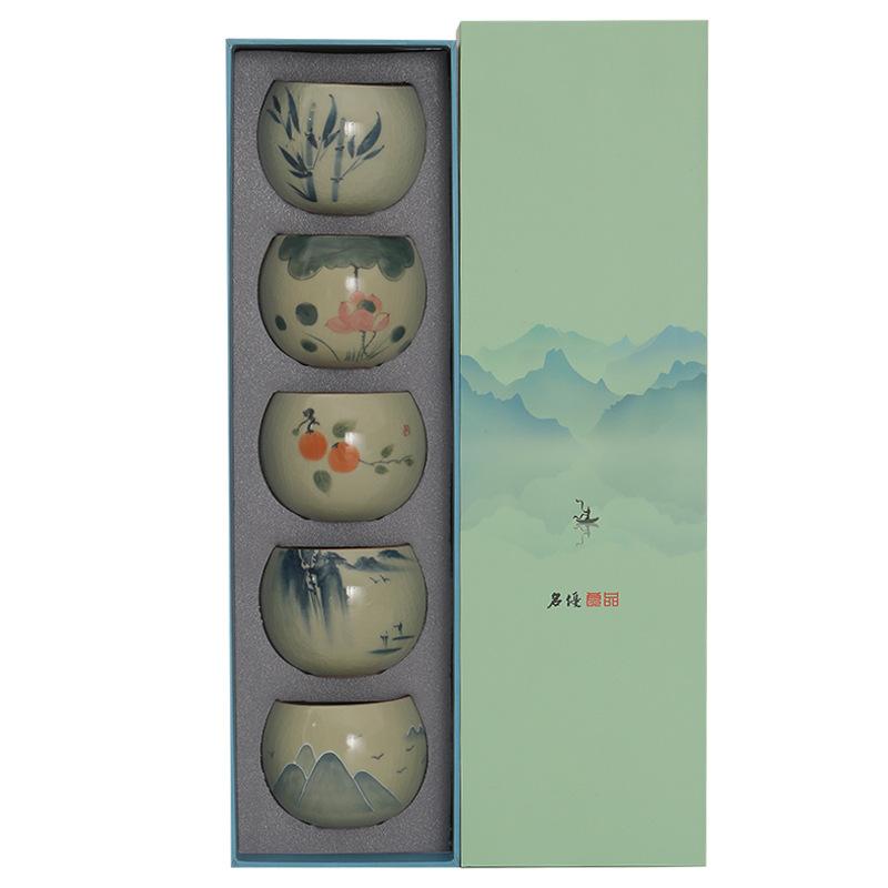 Ge Kiln Hand-Painted Hat Cup Teacup Kung Fu Tea Set Master Cup Single Cup Five Cups Gift Box Set Gift Companion Gift