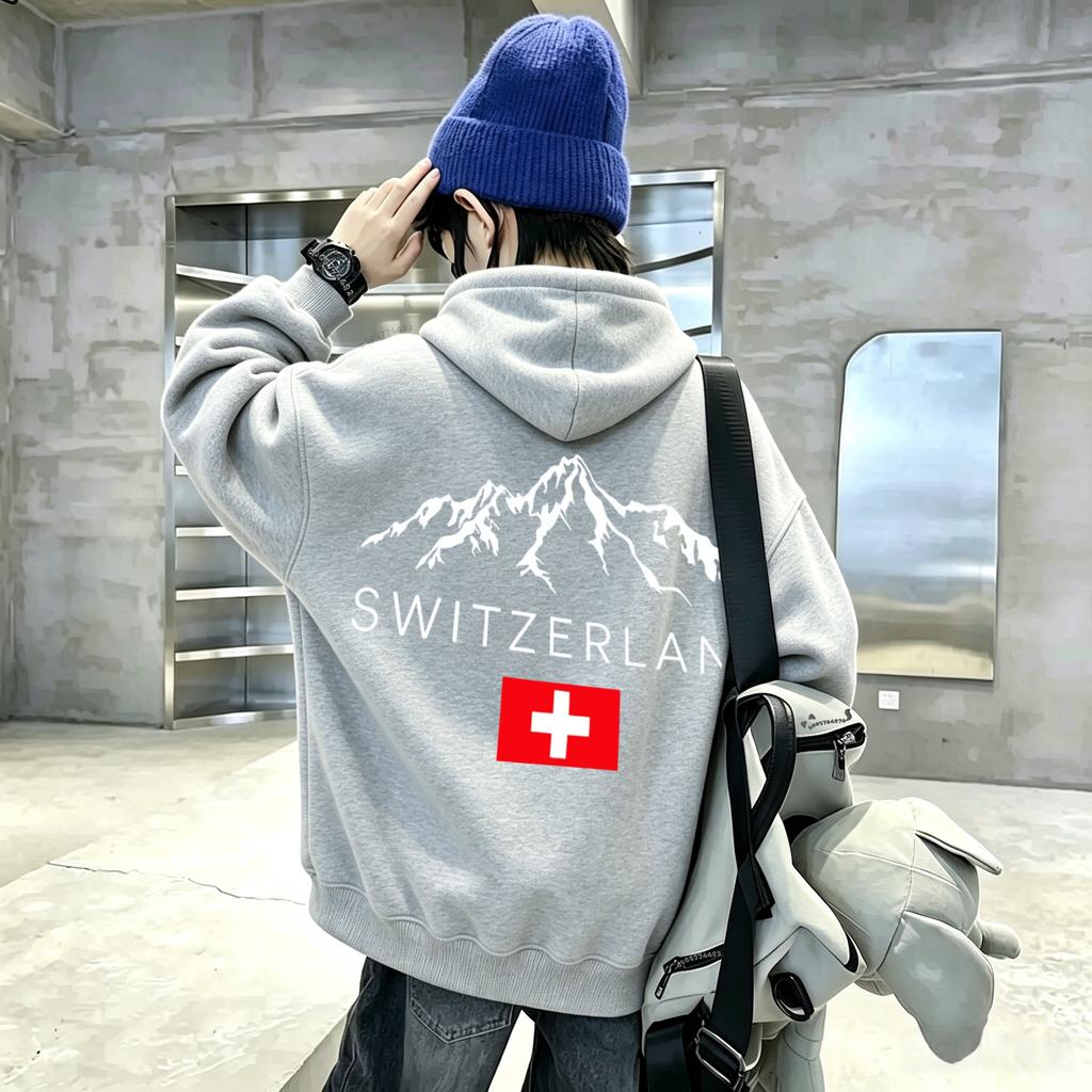 Neuestes Modell Alpine Mountain Schweizer Kreuz-Flaggenmuster Lässiges Langarm-Kapuzenshirt - Kinder Street Style Kapuzenoberteil