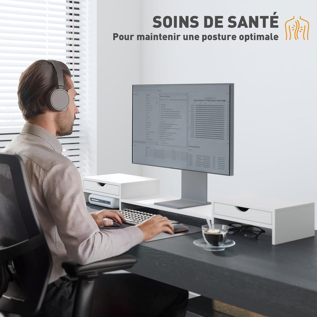 PC Screen Riser Desk Computer Monitor Stand 60-116 Cm with 2 Drawers, Adjustable Length and Angle