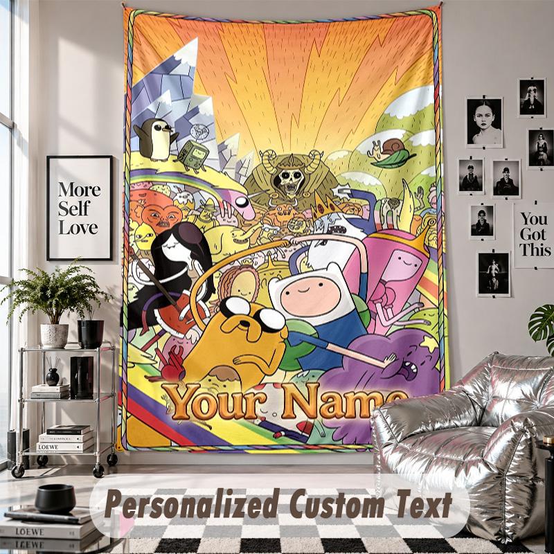 Wall Hanging Tapestry With Custom Name & Text, Adventure Time cartoon Decorative Tapestry For Bedroom