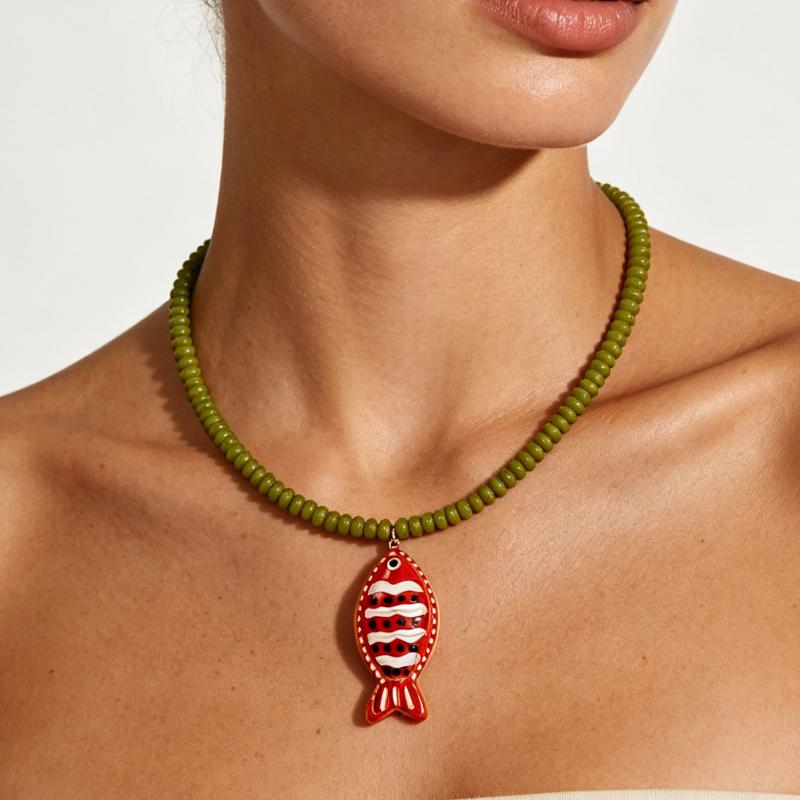 Fish Pendant Necklace Bohemian Handmade Beaded Beach Vacation Jewelry for Women Daily Casual Outfit Matching