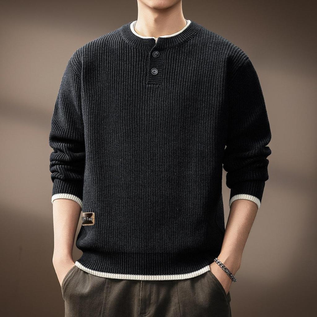 Men's Retro Two-Piece Look Color Block Ribbed Knit Sweater, Autumn Winter Casual Loose Henley Collar.