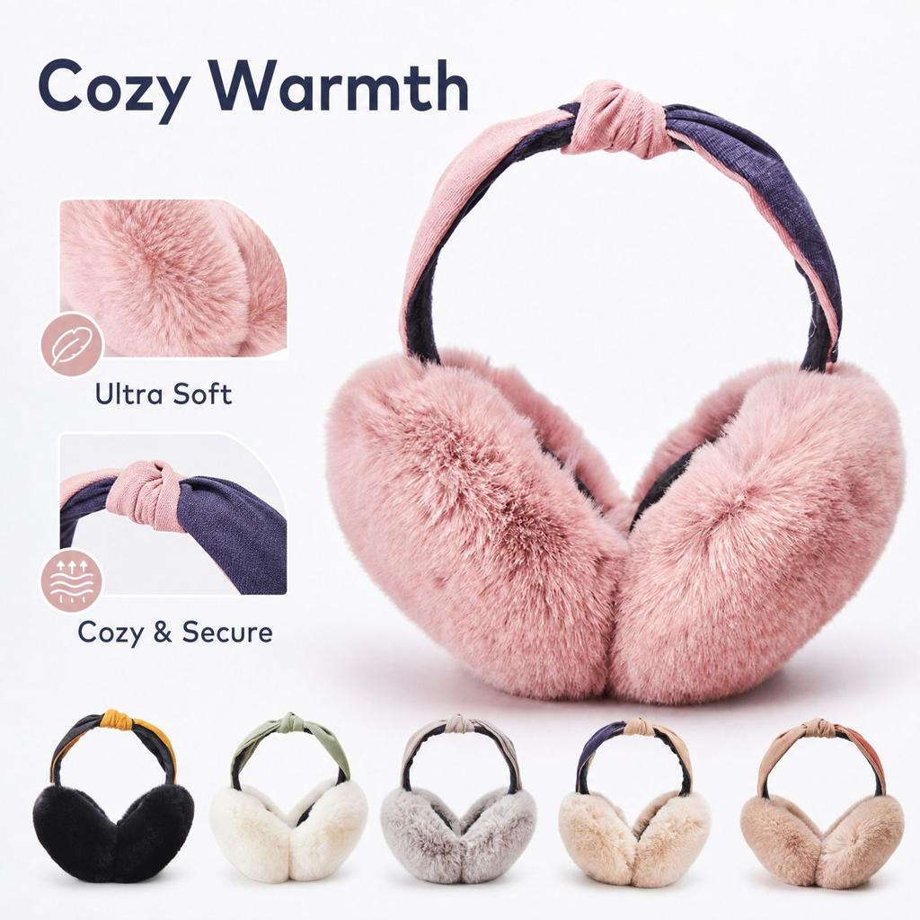 Foldable Headband Earmuffs, Plush Winter Ear Warmers for Women and Men, Cold