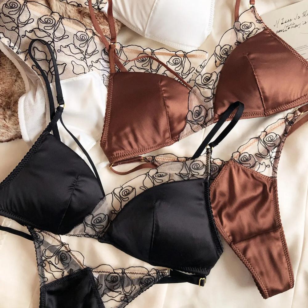Summer Women Underwear Sexy Lace Embroidery Bra Set French Thin Cup Silken Wireless Bralette Ladies Lingerie Briefs With Thong