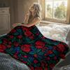 Folk Red Rose Embroidery Flannel Blanket Warm Soft Halloween Christmas Decorative Couch Warm Cozy All-Season Gift