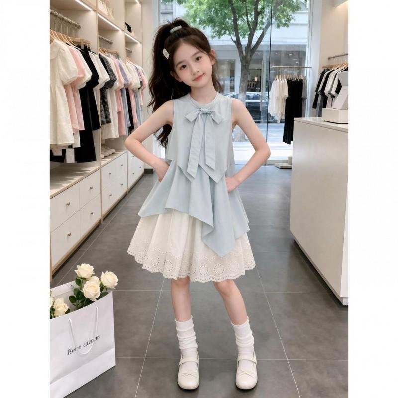 Girls Princess Dress Sleeveless Sweet Bow Solid Color Kids Over 4 Y.O.
