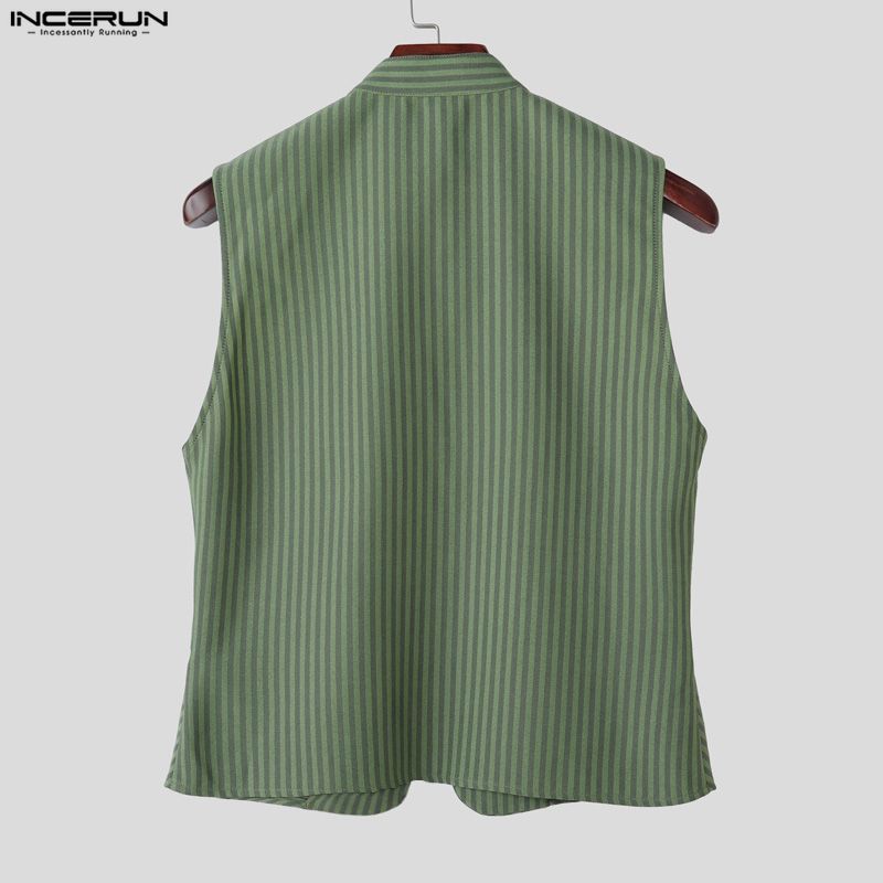 Striped Summer Incerun Men Sleeveless Open Front Casual Tank Tops Waistcoat Vests
