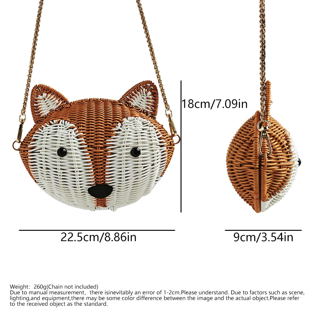 [HABFHN] Handmade Rattan Fox-Shaped Shoulder Bag for Women, 22.5 x 9 x 18cm, Korean-Style Animal Motif, Smartphone Pouch, Coin Purse, Lightweight,