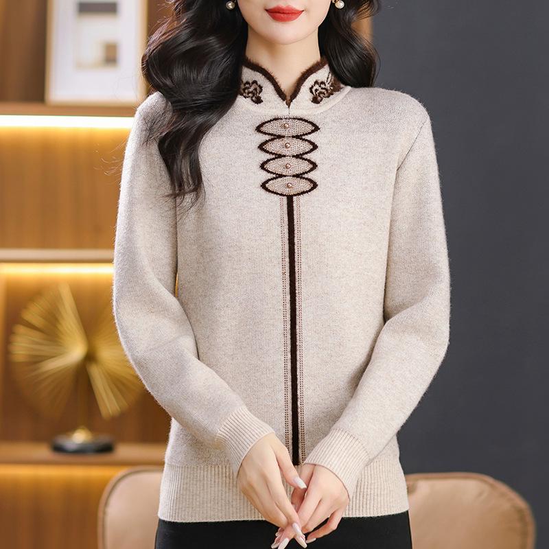 Autumn/Winter Velvet Cheongsam Collar Sweater for Middle-Aged Women - Warm, Stylish Red Top
